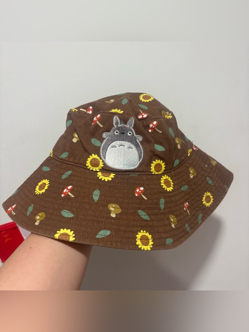 Brown Totoro Bucket Hat with Sunflower & Mushroom Print